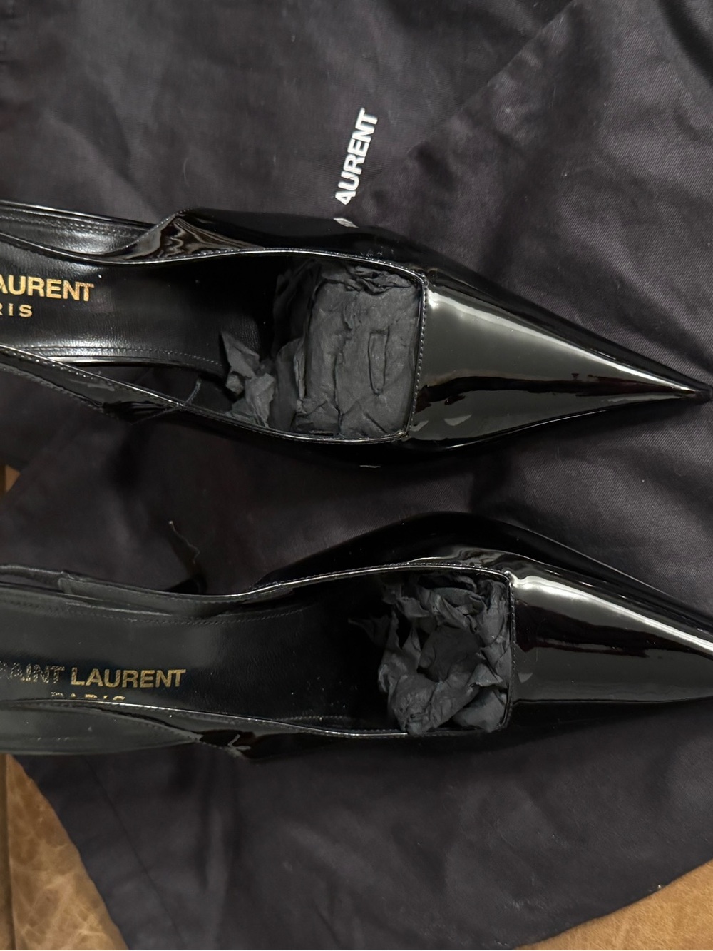 Saint Laurent Black Patent Leather Pointed Slingback Pumps - Picture 6 of 6
